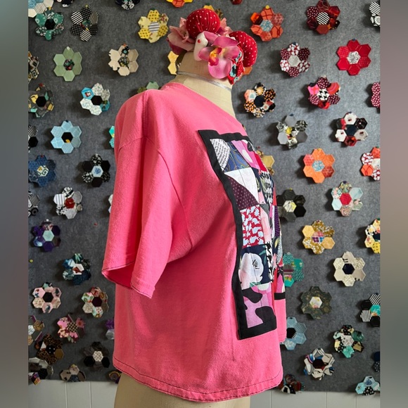 Neon Pink Bright Patchwork Crop Tee - Picture 8 of 16